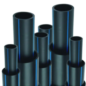 Reliable HDPE pipes by Gauscon Pipe, black with blue stripe, designed for water supply, irrigation, and industrial applications, manufactured in India.