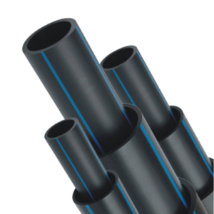 Heavy-duty HDPE pipe by Gauscon Pipe, black with a blue stripe, designed for industrial and water supply applications, manufactured in Kolkata, India.